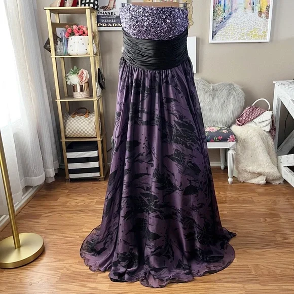 Jovani black purple sequin gem flowing prom formal gown dress size 10